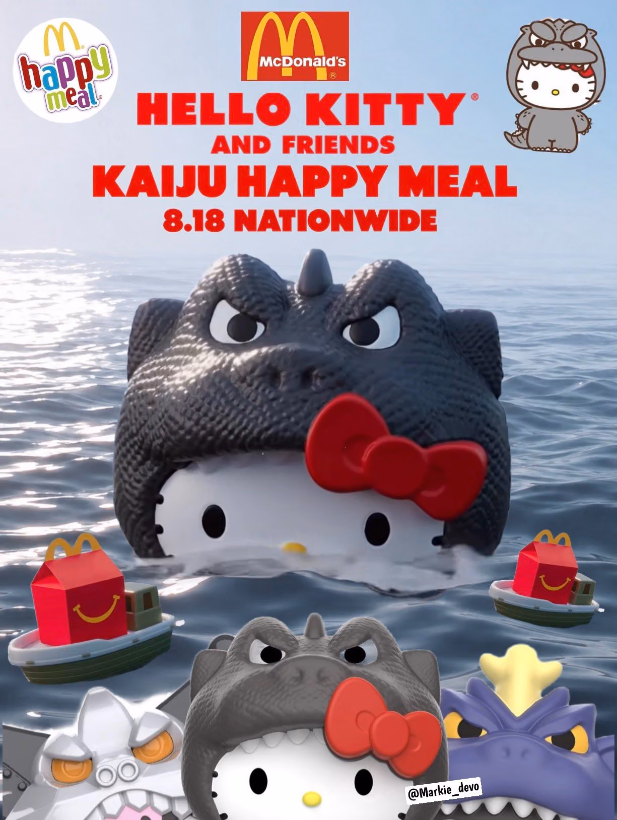 戴上哥吉拉頭套的 Hello Kitty,麥當勞玩具聯名玩起反差萌