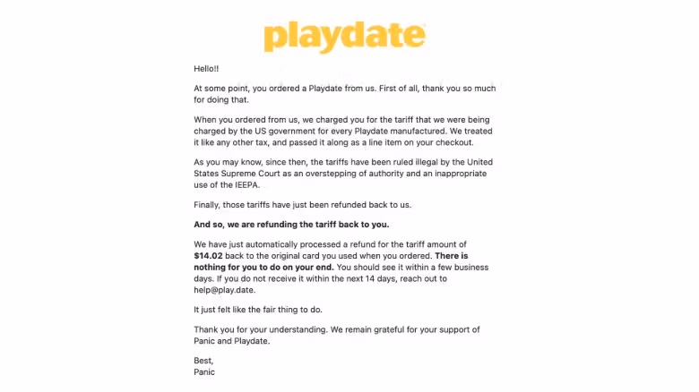 美国关税裁定违法后 Panic退还Playdate玩家19%关税费用