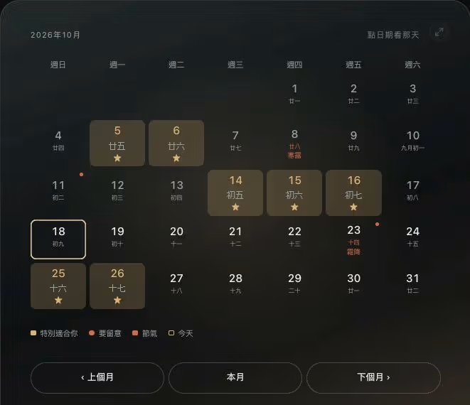 GATSEE 個人黃曆月曆，呈現整月日期、節氣及特別適合個人的日子