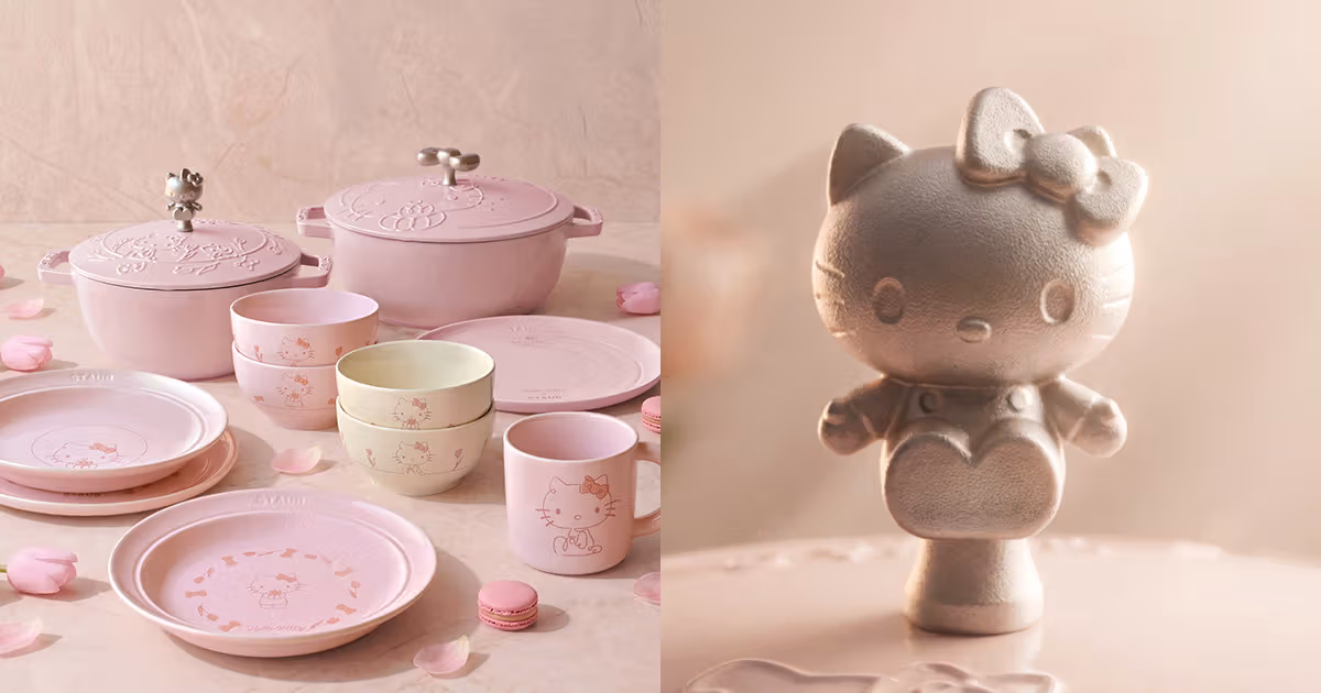 STAUB×ハローキティ、リボン型つまみでピンク×白のテーブルを演出する全8品発表