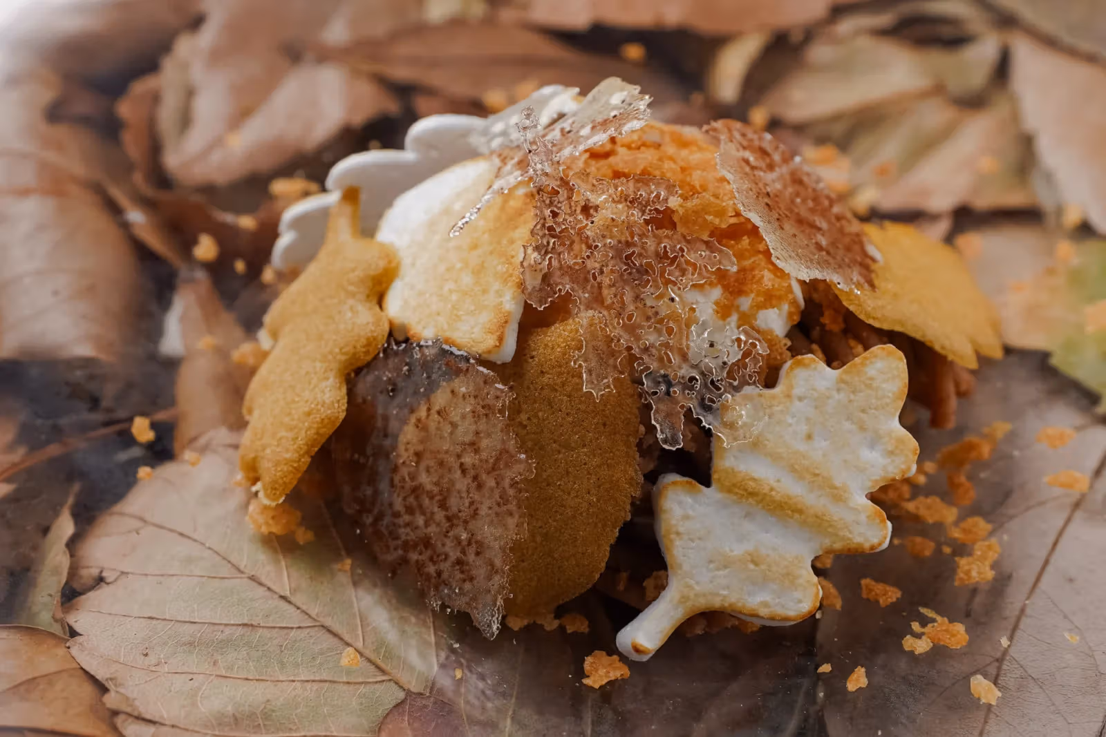Dessert plating of chestnut and autumn leaves