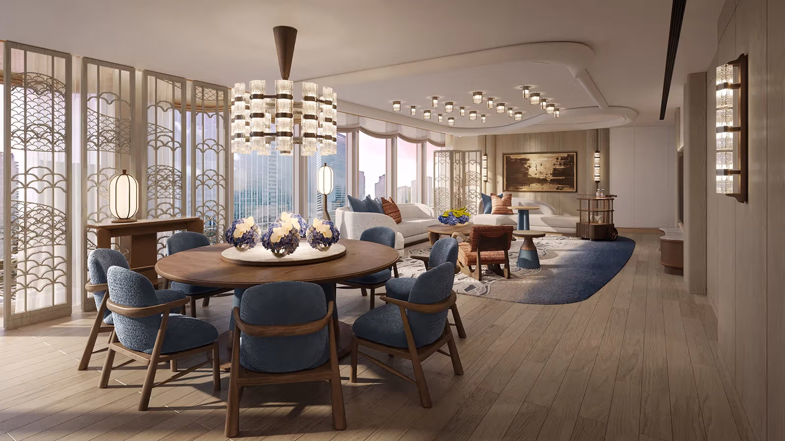 フォーシーズンズホテル丸の内 東京のTokyo Manor Suite。ミッドセンチュリースタイルと日本の工芸を組み合わせている