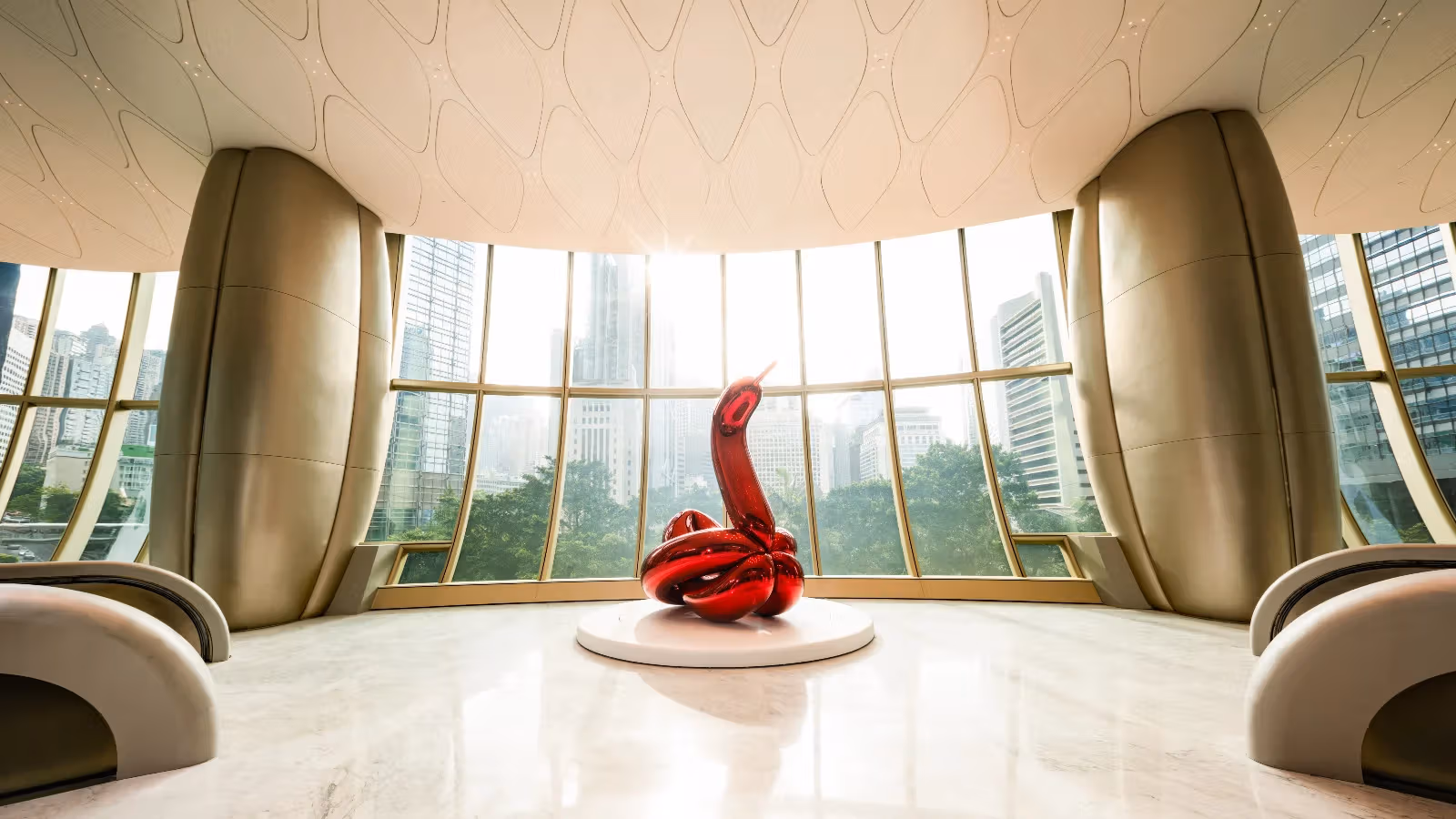 Jeff Koons' Balloon Swan installation art in The Henderson's lobby