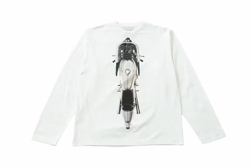 Motorcycle print on the white long-sleeve top