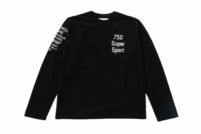 Lettering on the black long-sleeve top