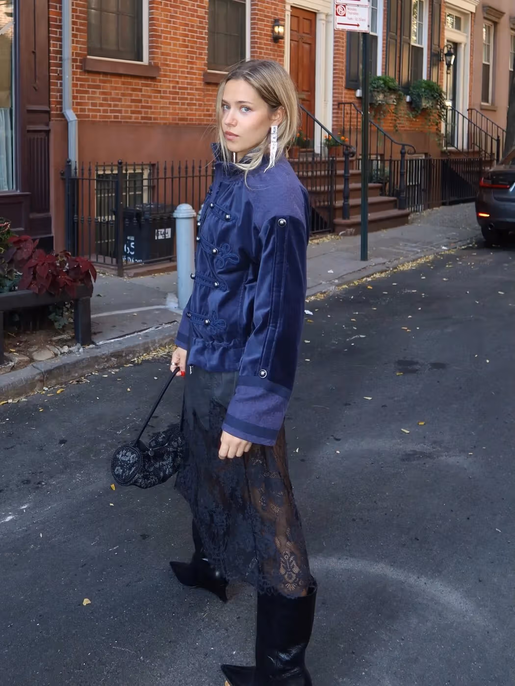 Dark embroidered jacket and trousers