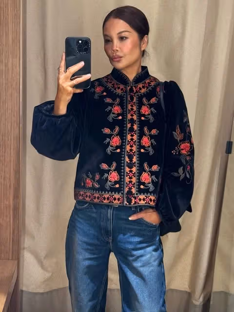 Close-up view of floral embroidered jacket