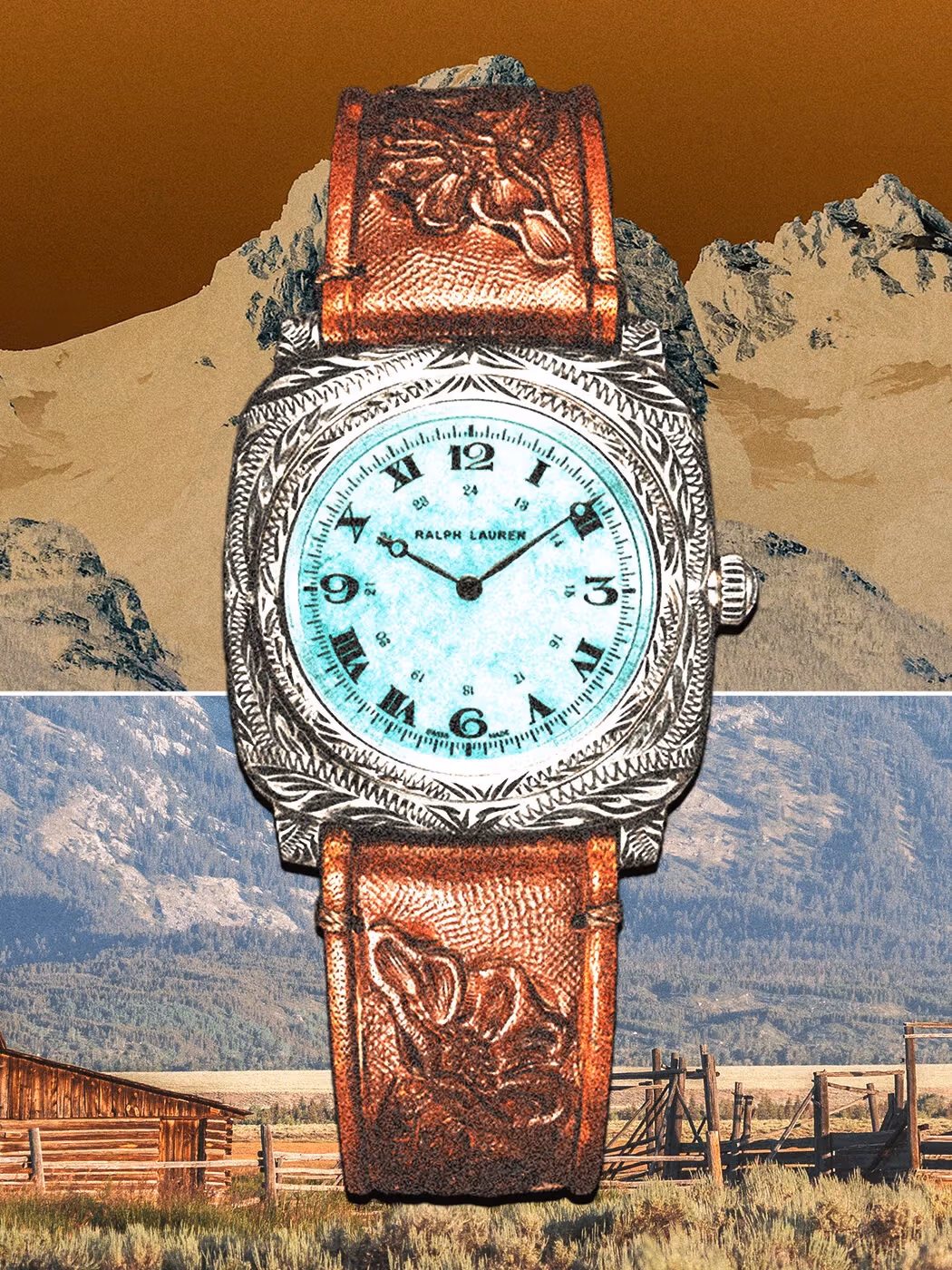 หน้าปัดเทอร์ควอยซ์ Western Cushion Turquoise และเข็มขัดแกะสลัก
