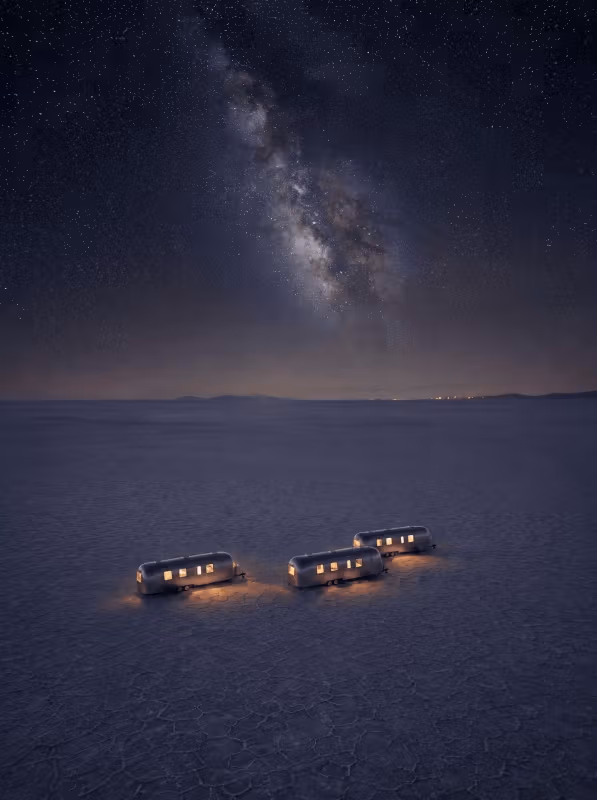 Night rendering of Samkani Camp, not a photograph of a completed site