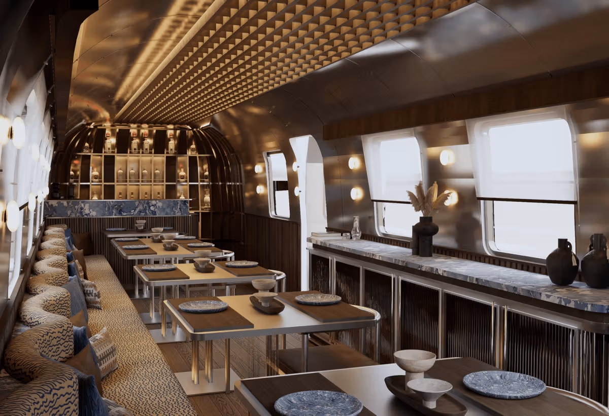 Rendering of the shared dining and social trailer interior