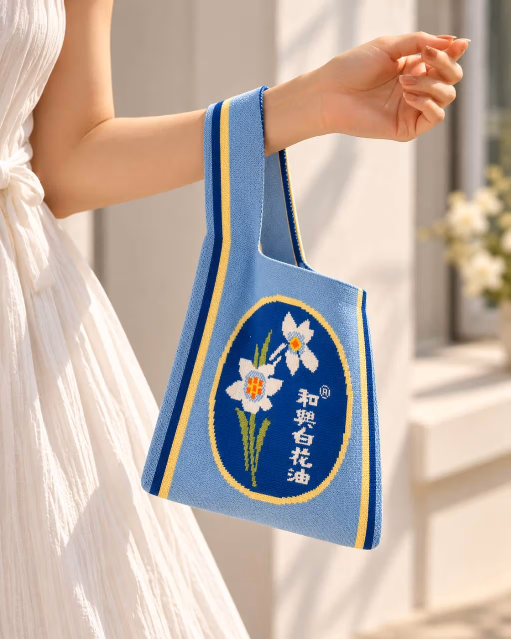 Bottle imagery extends onto a fabric bag