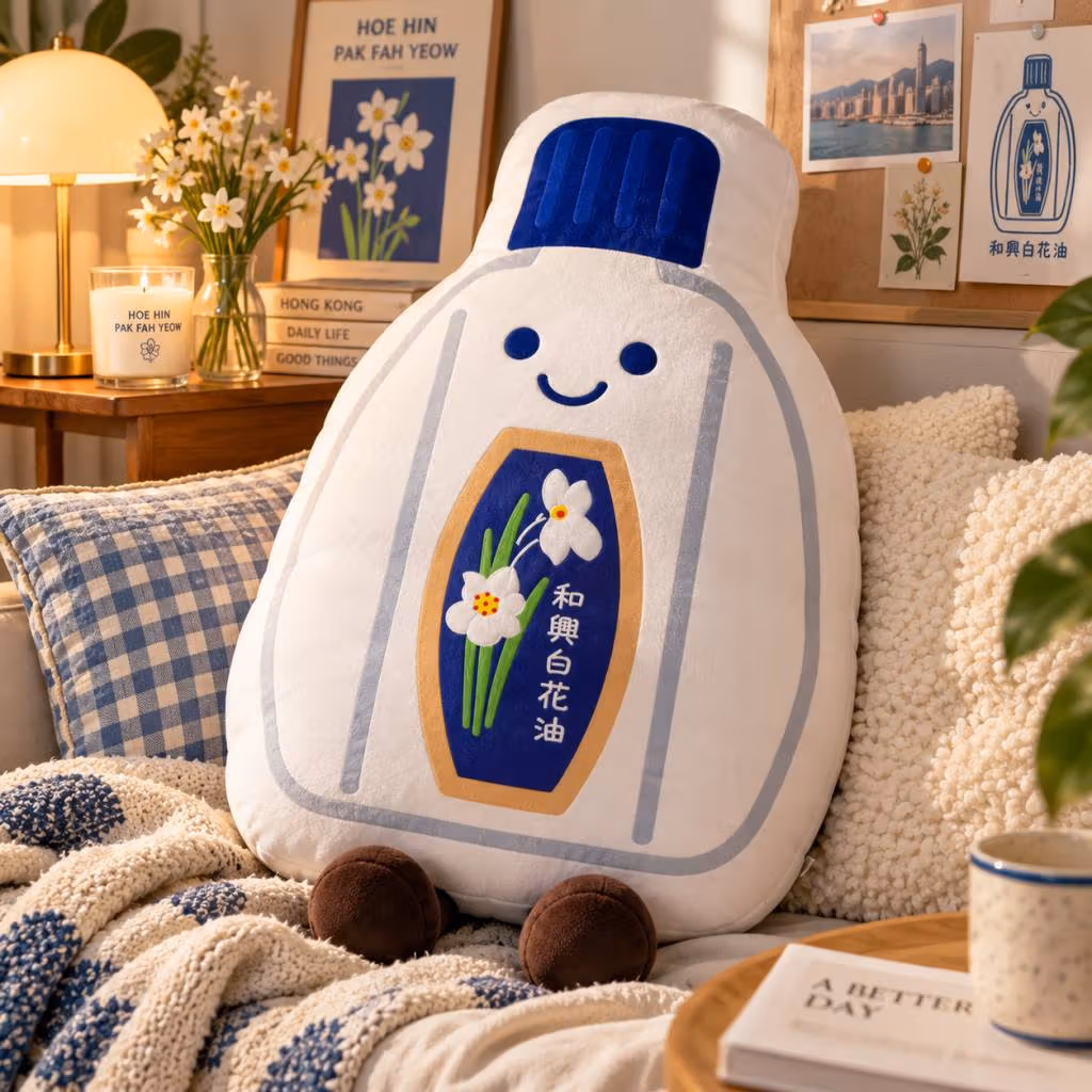 A bottle-shaped cushion enlarges the familiar packaging silhouette