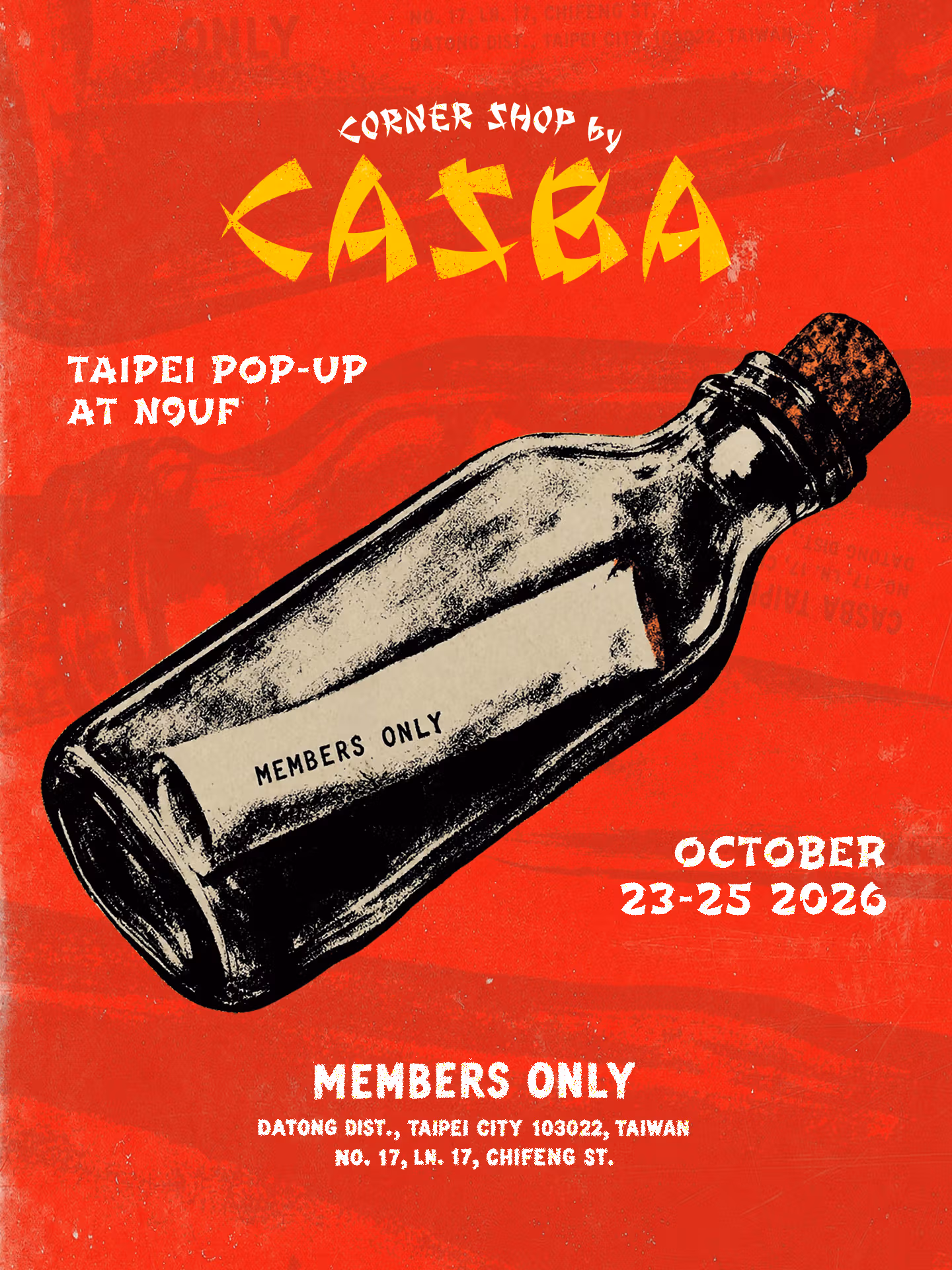 โปสเตอร์ป๊อปอัป CASBA ที่ไทเปพื้นสีแดง มีภาพขวดและวันที่ 23–25 ตุลาคม 2026