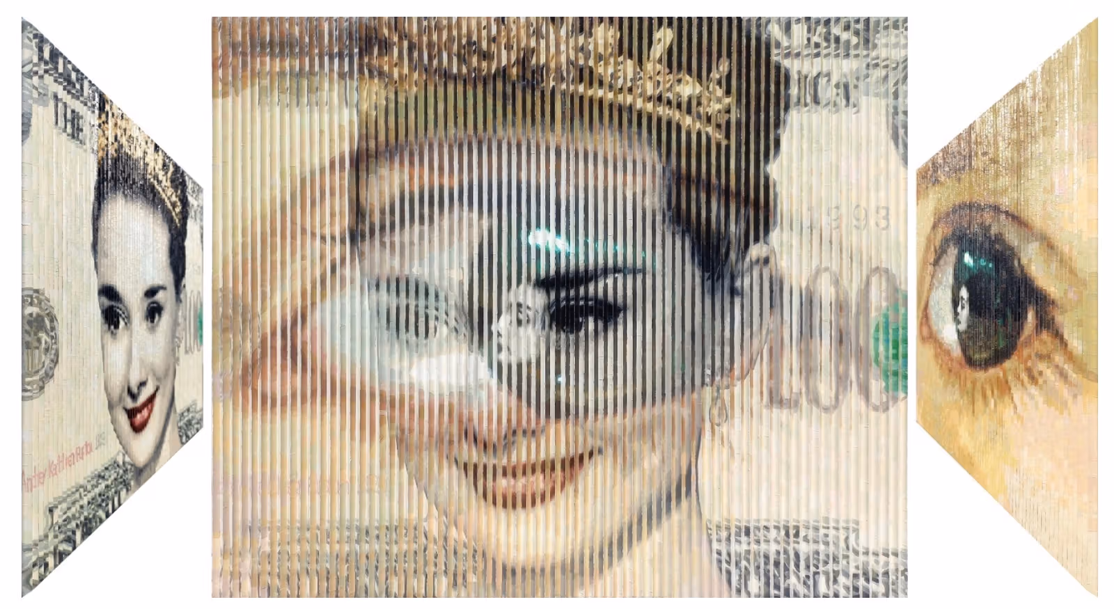Three views of Lee Youngha’s work showing a portrait and eye details.