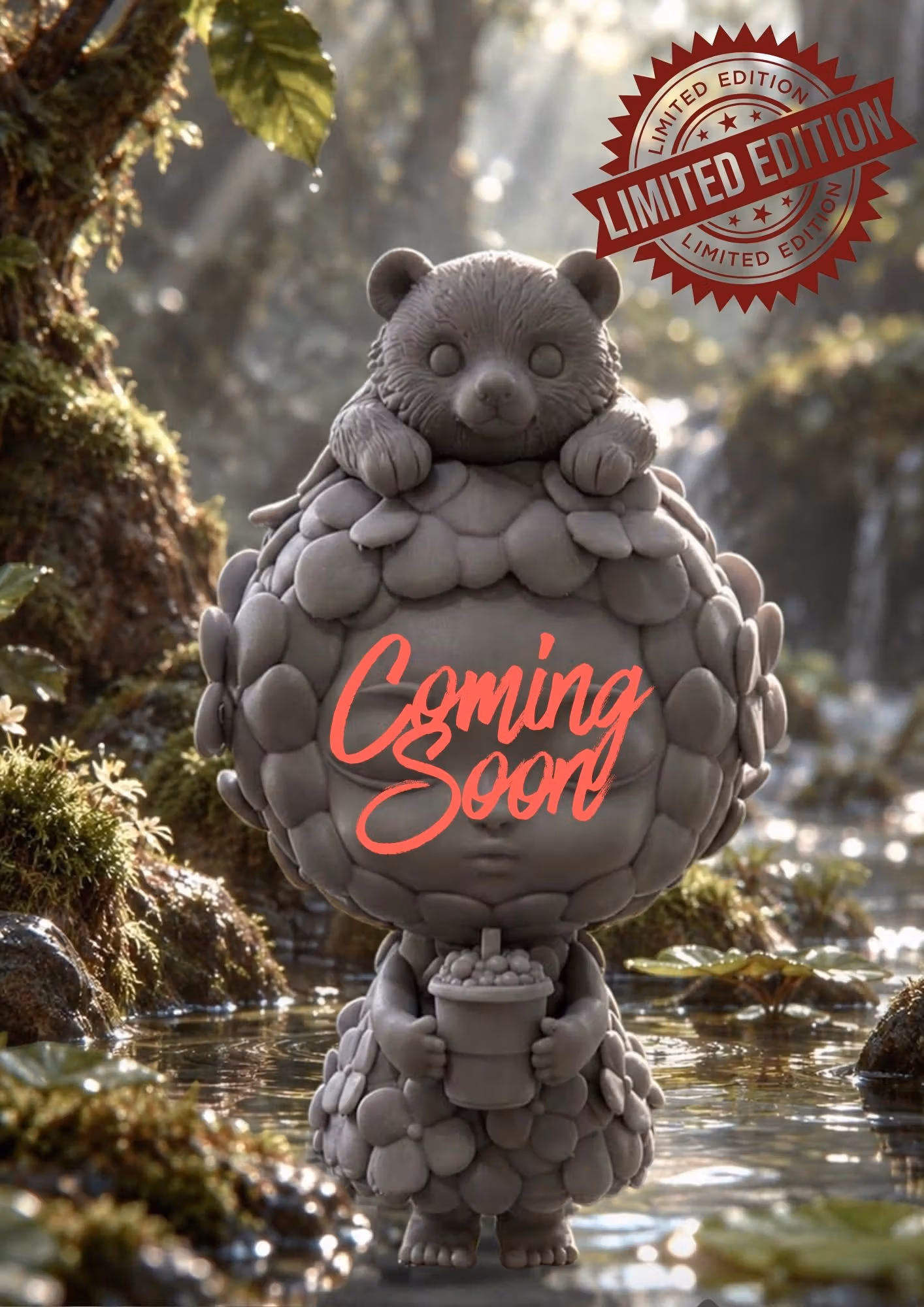 Grey character sculpture with a small animal on its head and original Coming Soon and Limited Edition text.