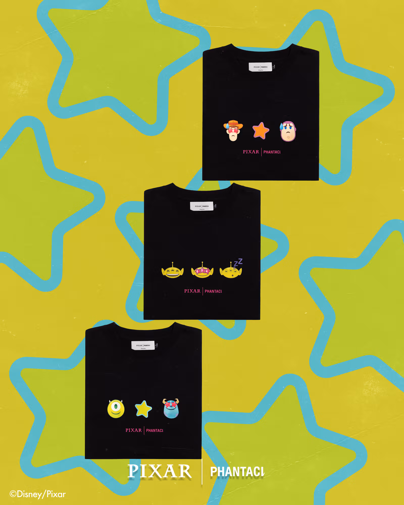 黄緑色の背景に並ぶ、Pixarキャラクターの絵文字風グラフィック入り黒Tシャツ3枚