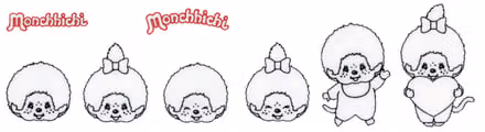 โลโก้ตัวอักษร Monchhichi และลายปักเส้นขอบสีดำหลายแบบ