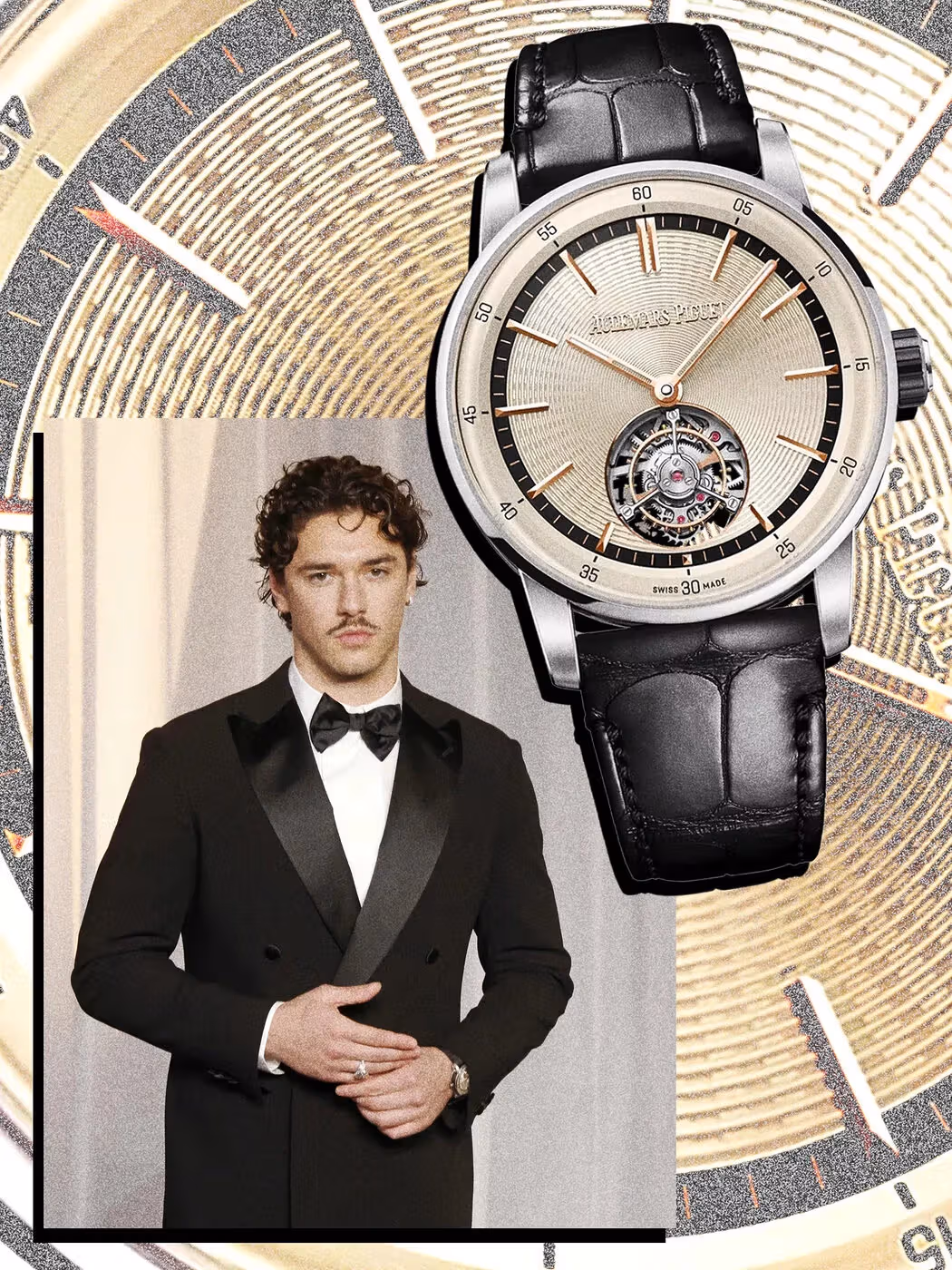 The ivory Code 11.59 dial and flying tourbillon at six o’clock contrast with the outfit