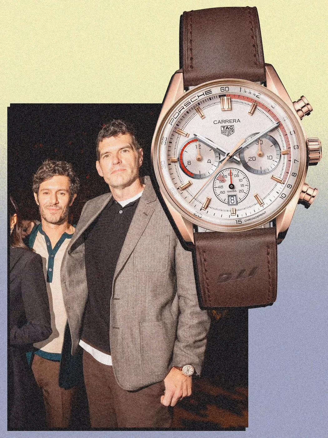 Timothy SimonsはローズゴールドのCarrera Chronosprint × Porscheと茶色のストラップを選択。