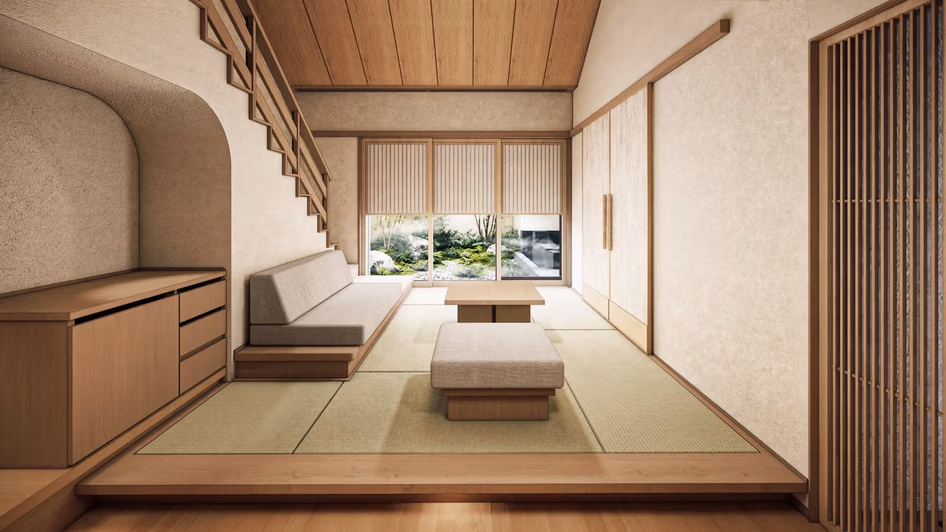 Illustration of a Japanese-style KAI Ureshino guestroom with a timber ceiling