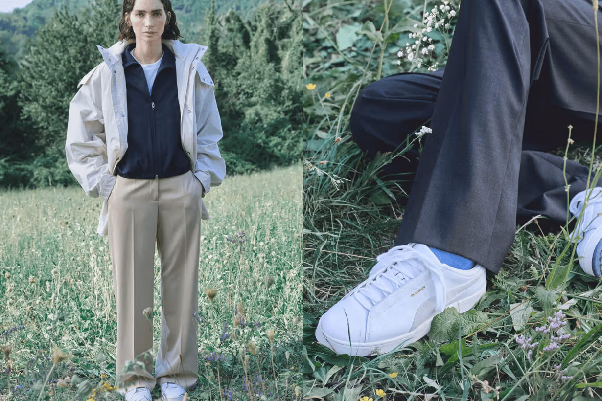 풀밭의 PUMA × Jil Sander 스타일과 흰 신발
