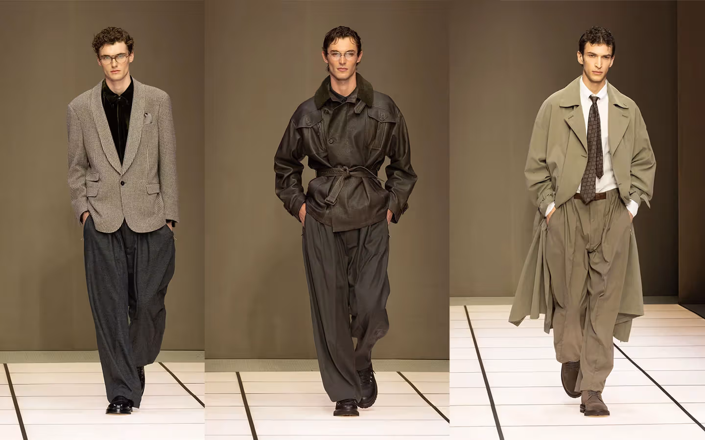 Three Giorgio Armani menswear looks in grey, black and green tones