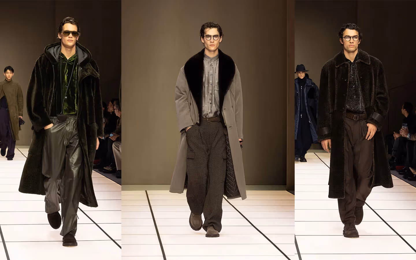 Three models presenting Giorgio Armani long-coat looks