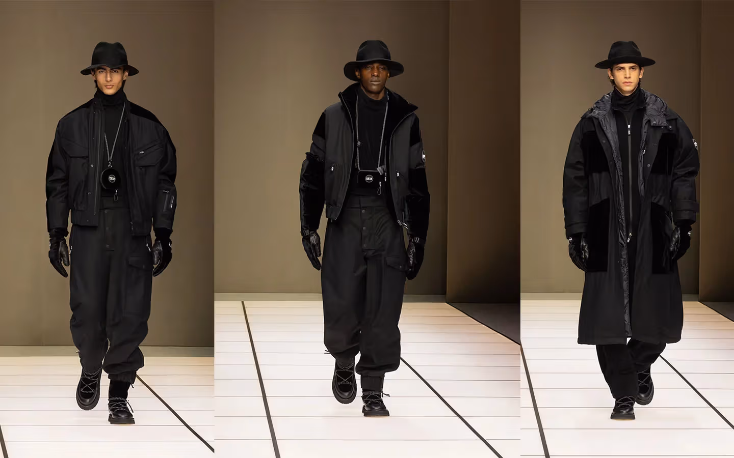 Three black autumn and winter menswear looks with hats and bags