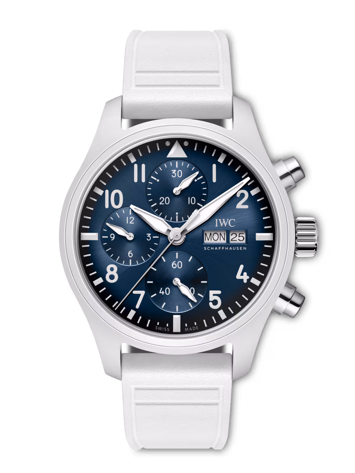 White-ceramic Le Petit Prince IW389410 contrasts with a deep-blue dial.