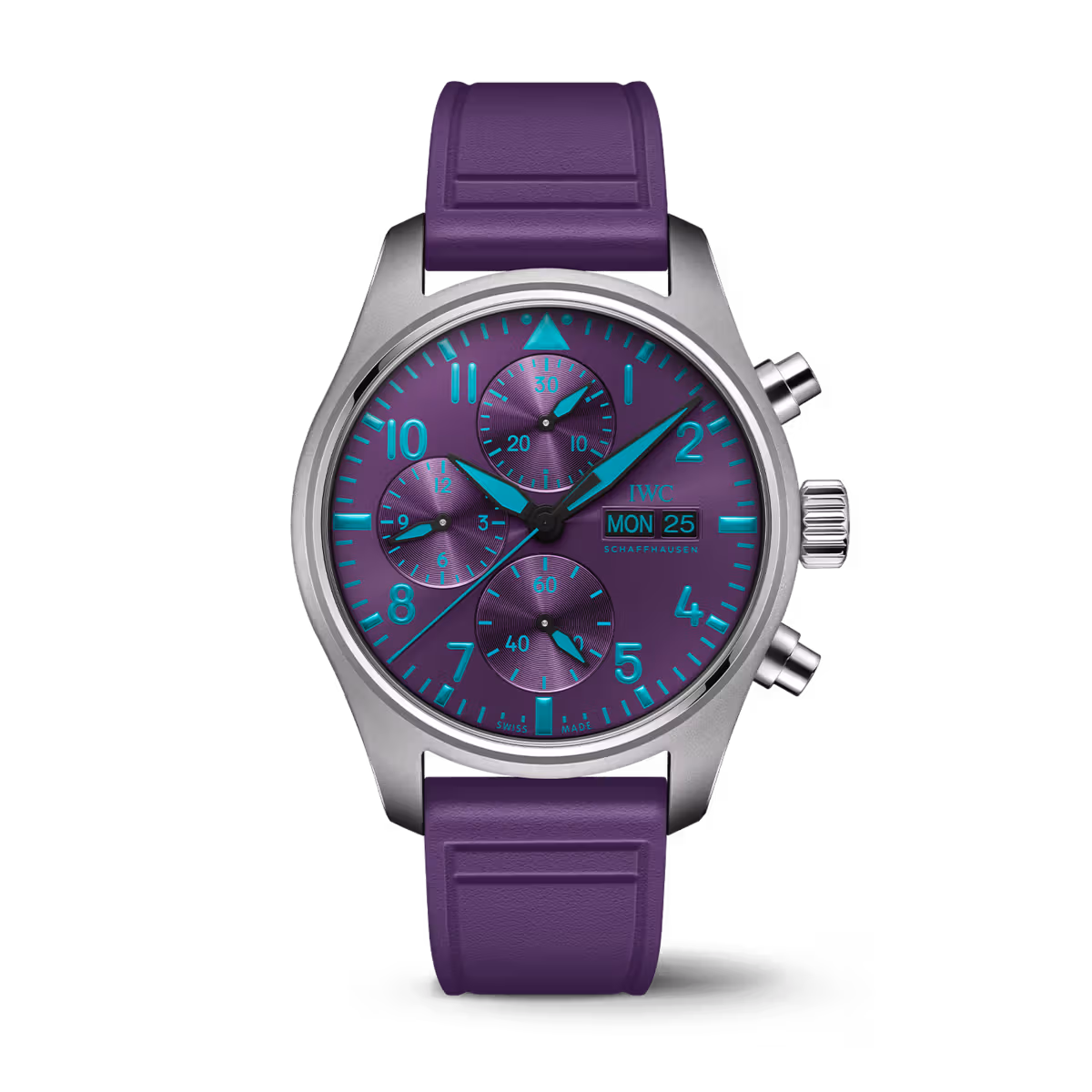 The Mercedes-AMG PETRONAS official team watch IW388121 has a purple dial and strap.