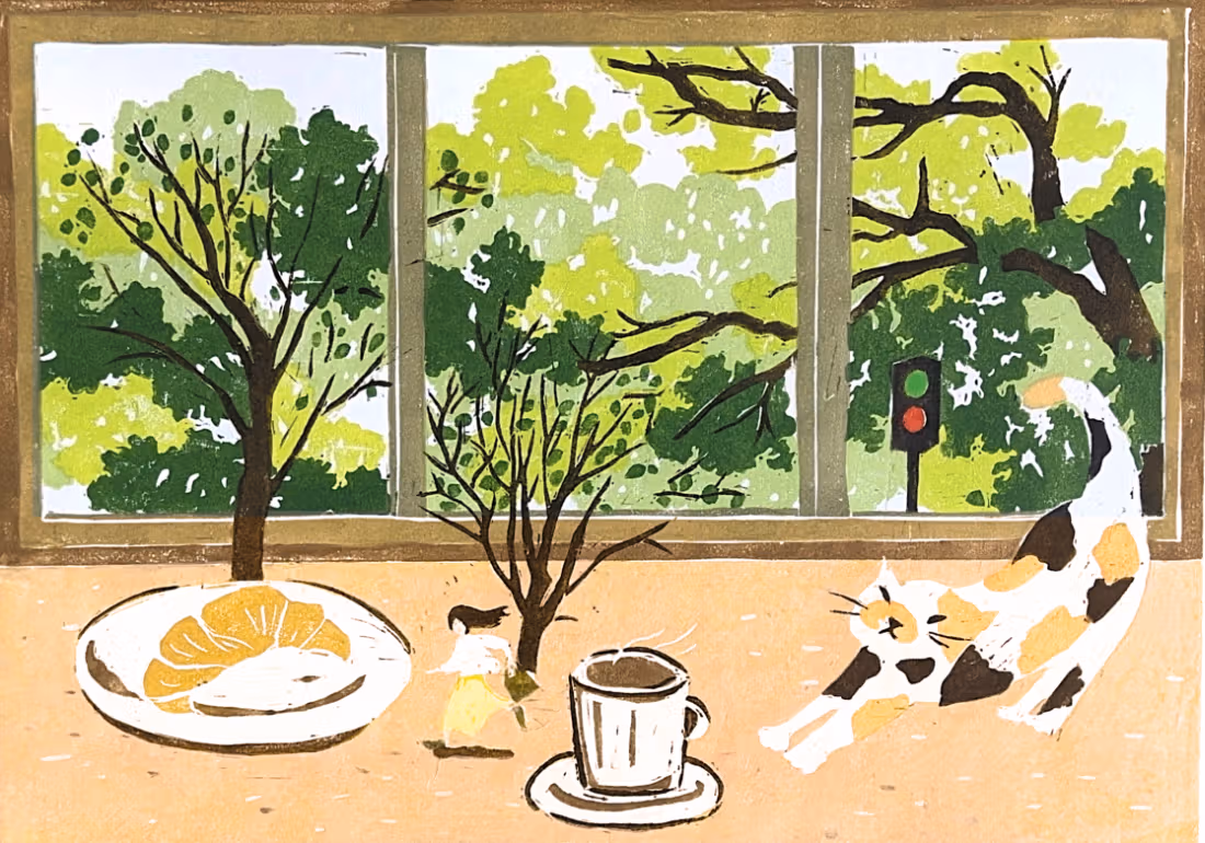 窓前のコーヒー、食物、猫、緑の版画