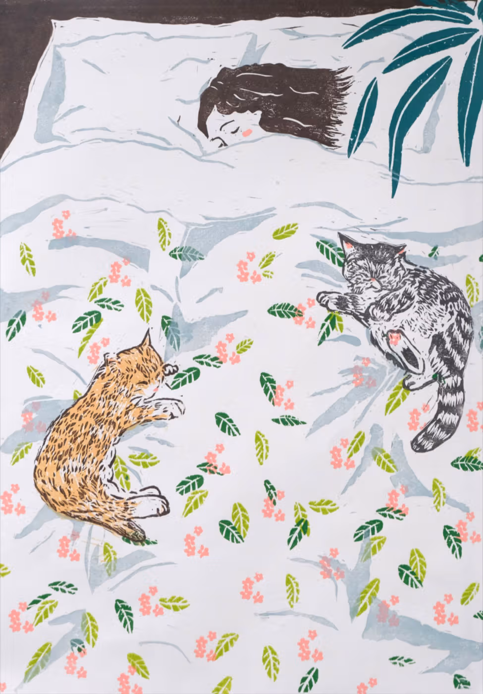 寝床の人物と二匹の猫の版画