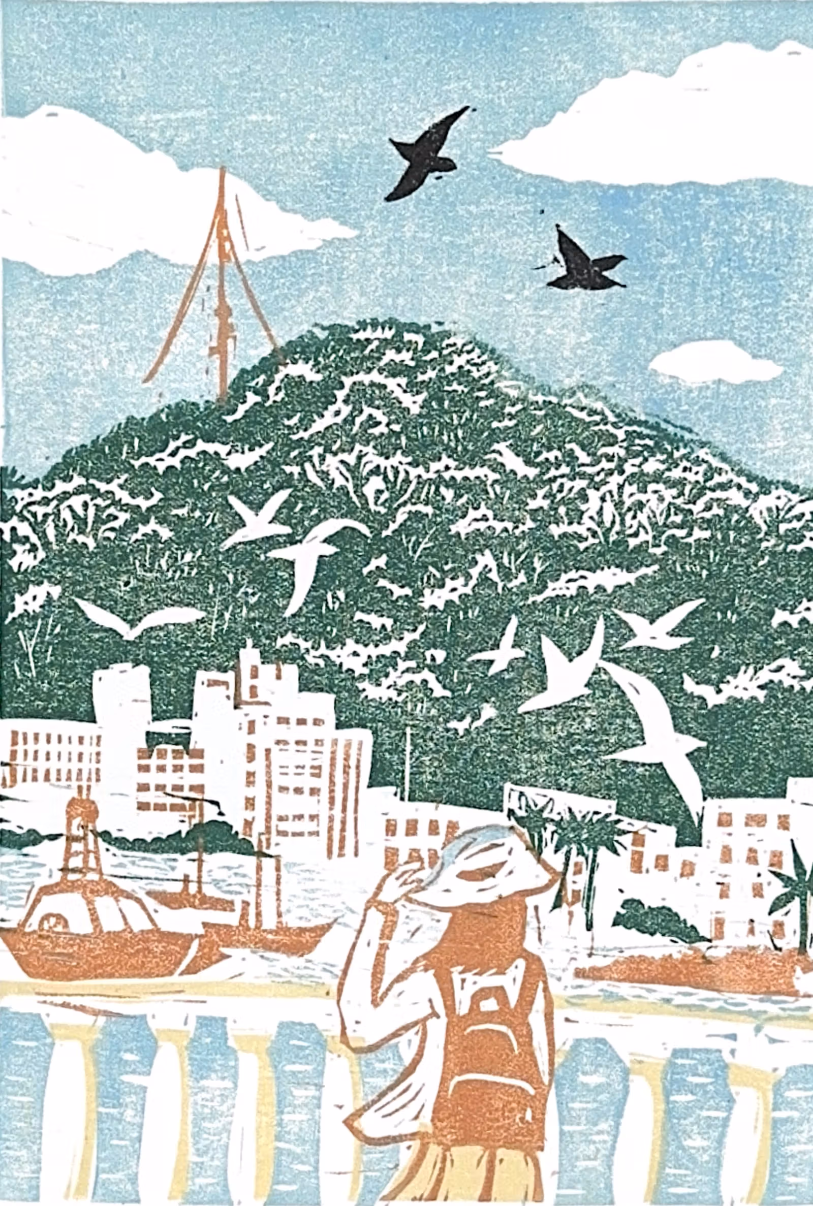海岸、山、鳥、人物を描く版画