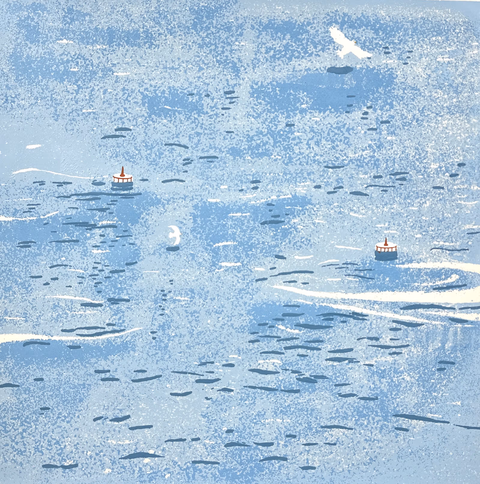 青い海上の鳥とブイの版画