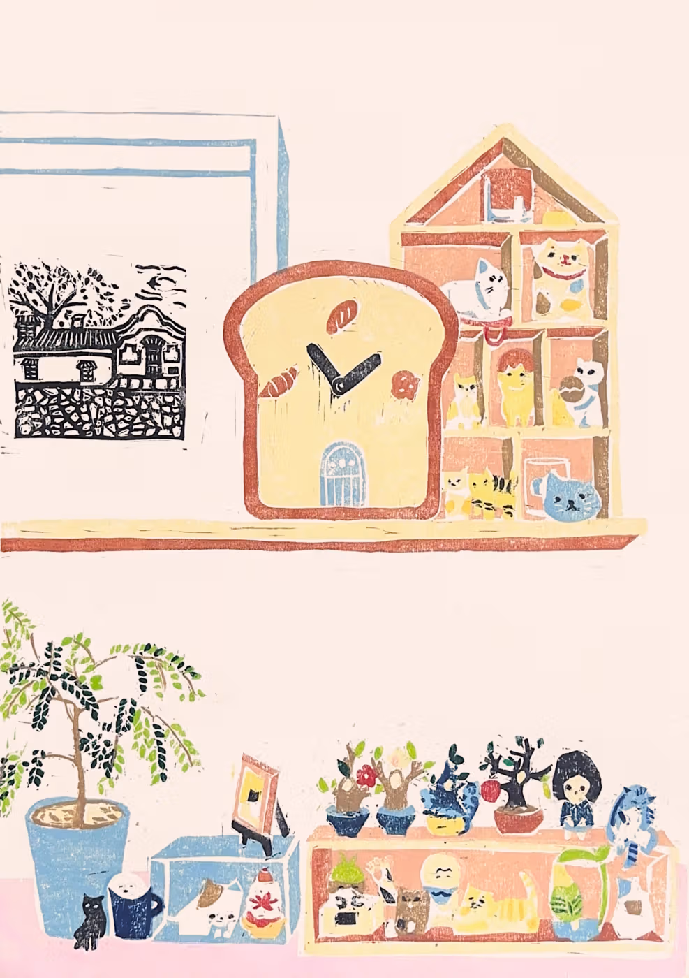 棚、おもちゃ、部屋の一角の版画