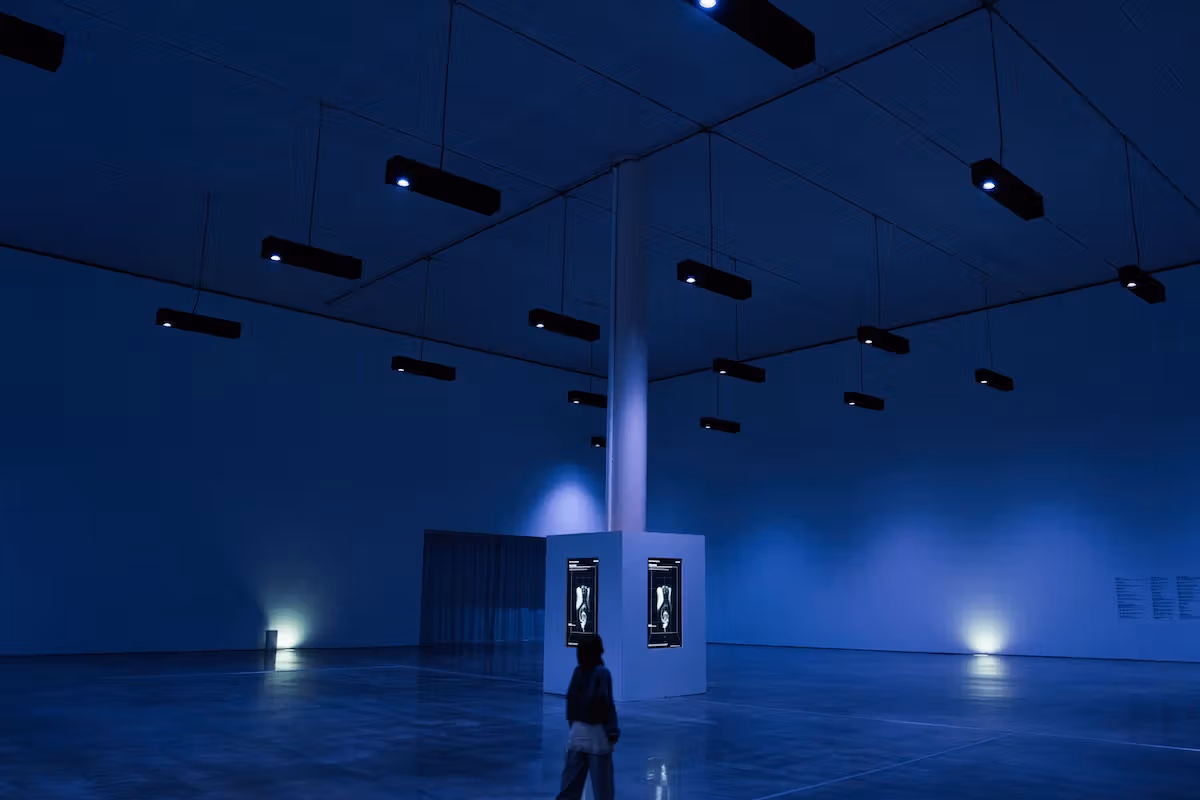 Sound equipment and light distributed through a gallery.