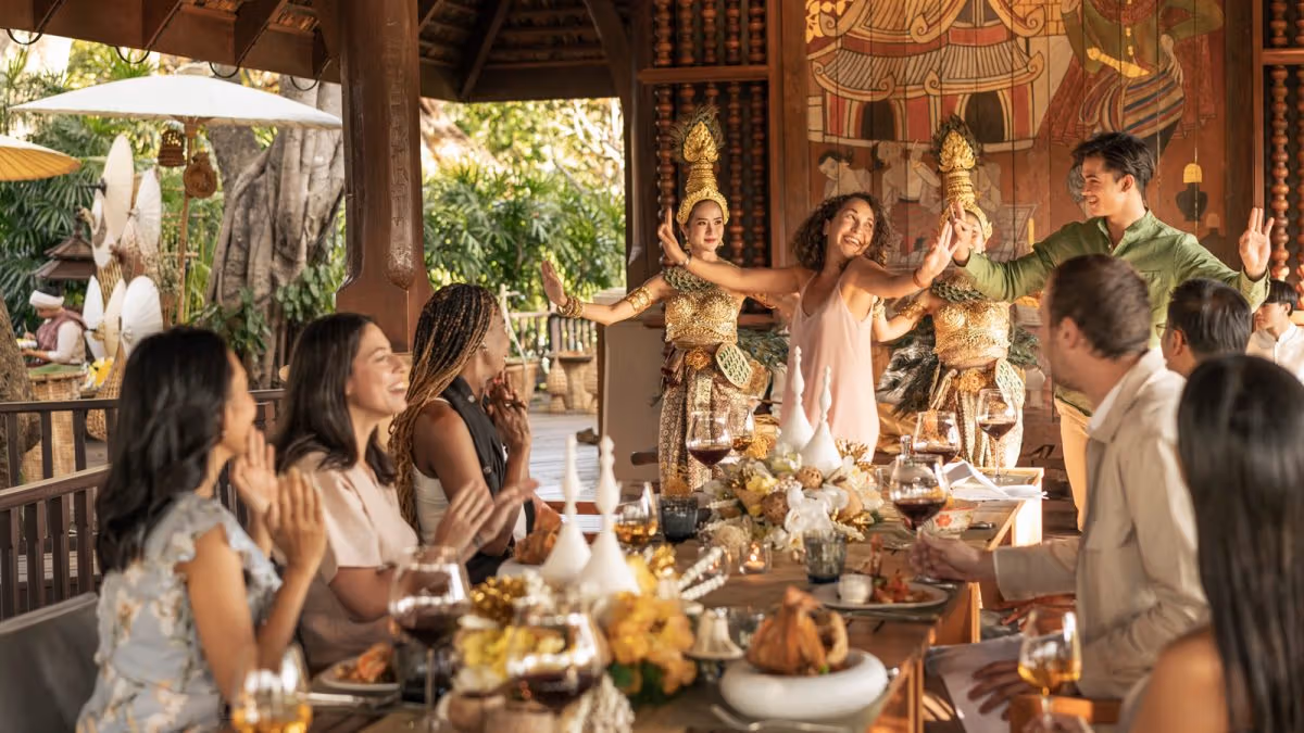 A group meal in an open-sided dining pavilion