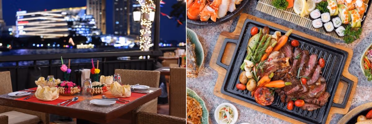 Collage of NEXT2 Café’s river-view tables and grilled food