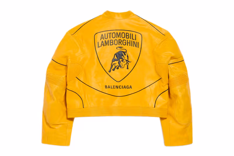 Large shield on the back of a yellow Balenciaga Lamborghini jacket