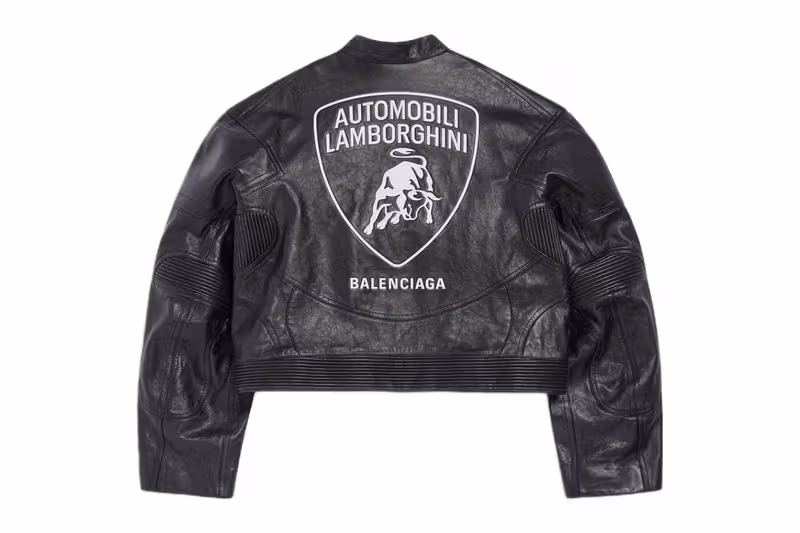 Back of a black Balenciaga Lamborghini leather jacket