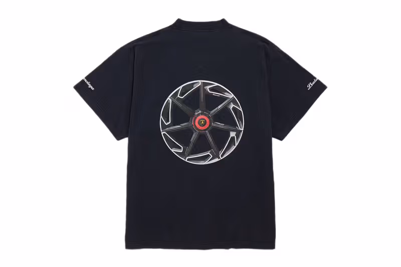 Back of a black Balenciaga Lamborghini wheel-graphic T-shirt