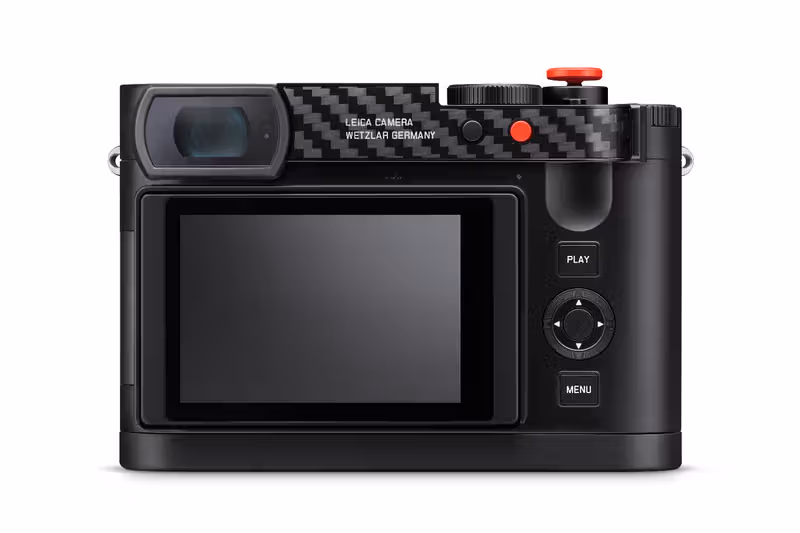 Carbon-fibre thumb support and red button on the Leica F1 camera’s rear