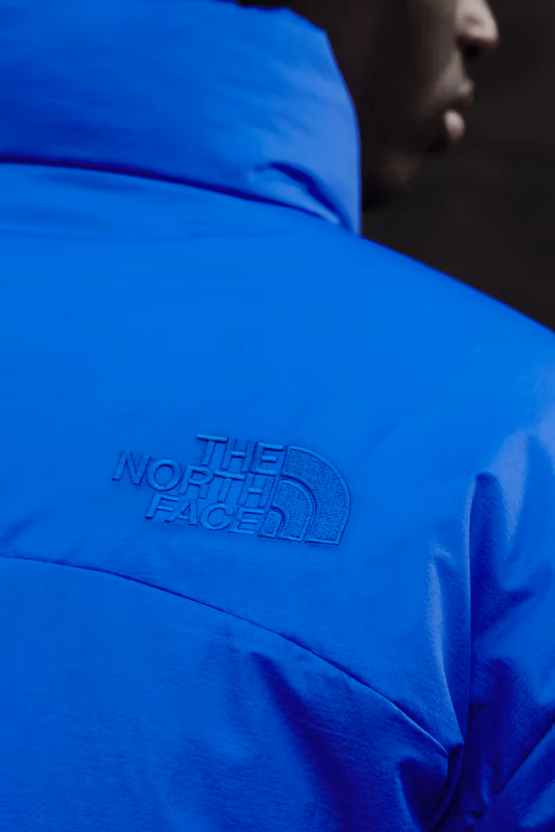 The North Faceの青い裏面ジャケットの背面ロゴ