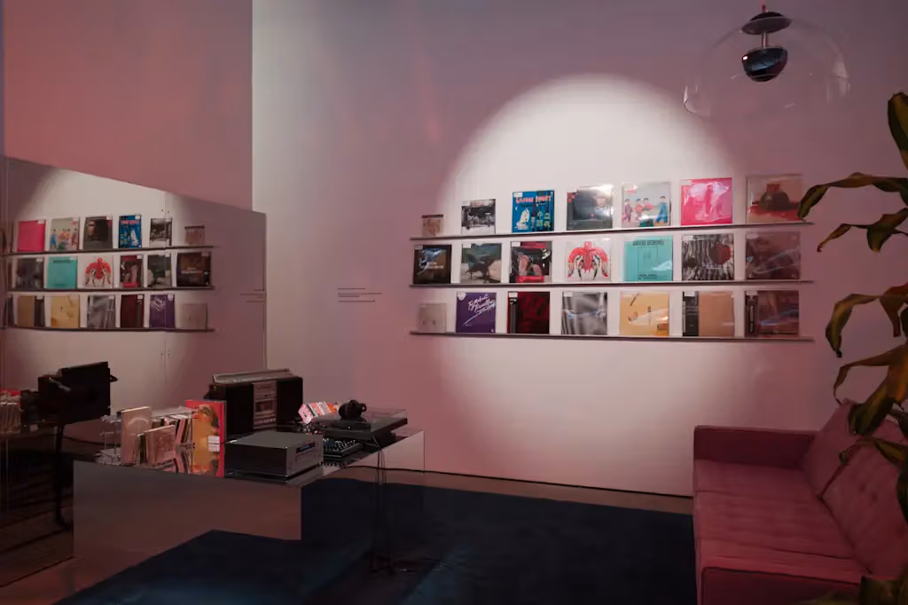Record display wall, playback equipment and a sofa under pink lighting