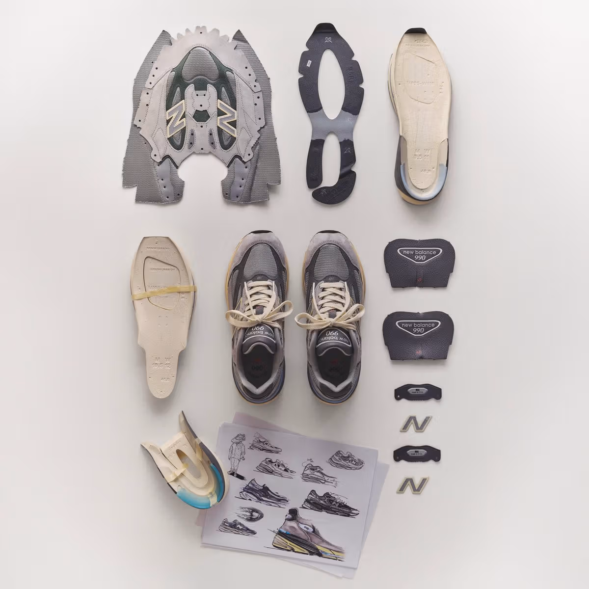 Exploded official product image of New Balance 990v7 components