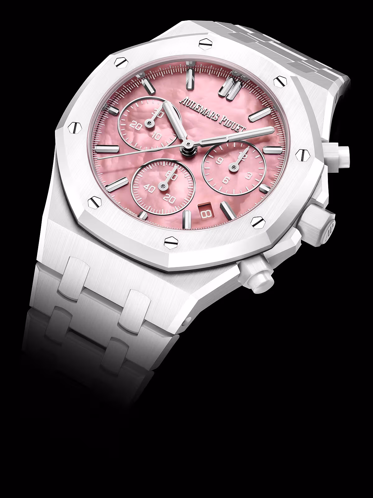 Audemars Piguet × Serena Williams Royal Oak: reading the 38 mm white ceramic watch, pink mother-of-pearl and Calibre 6401