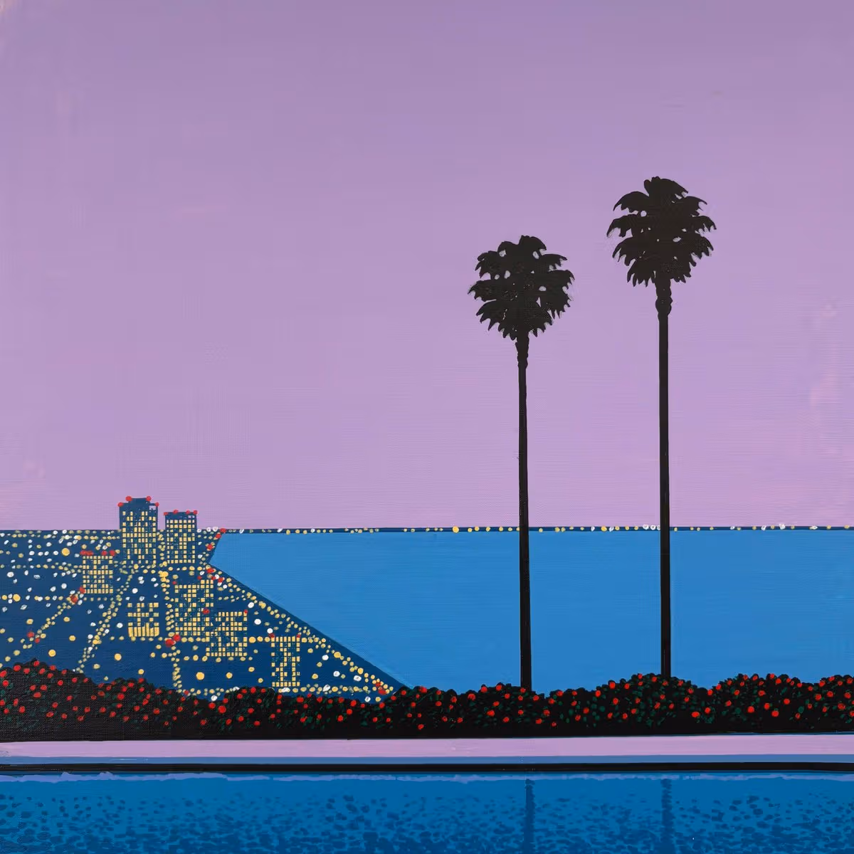 Hiroshi Nagai painting of violet sky and waterfront buildings