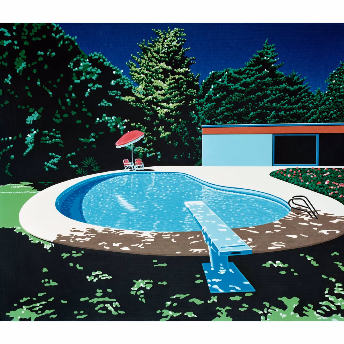 Hiroshi Nagai painting of a curved pool and trees