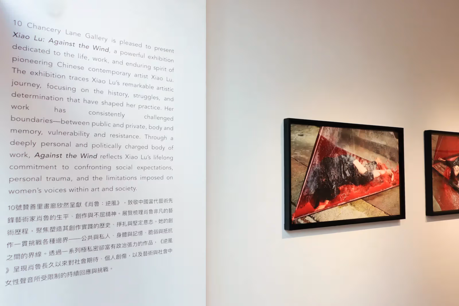 Bilingual exhibition text beside a black-framed photograph of a figure in black within a red geometric space