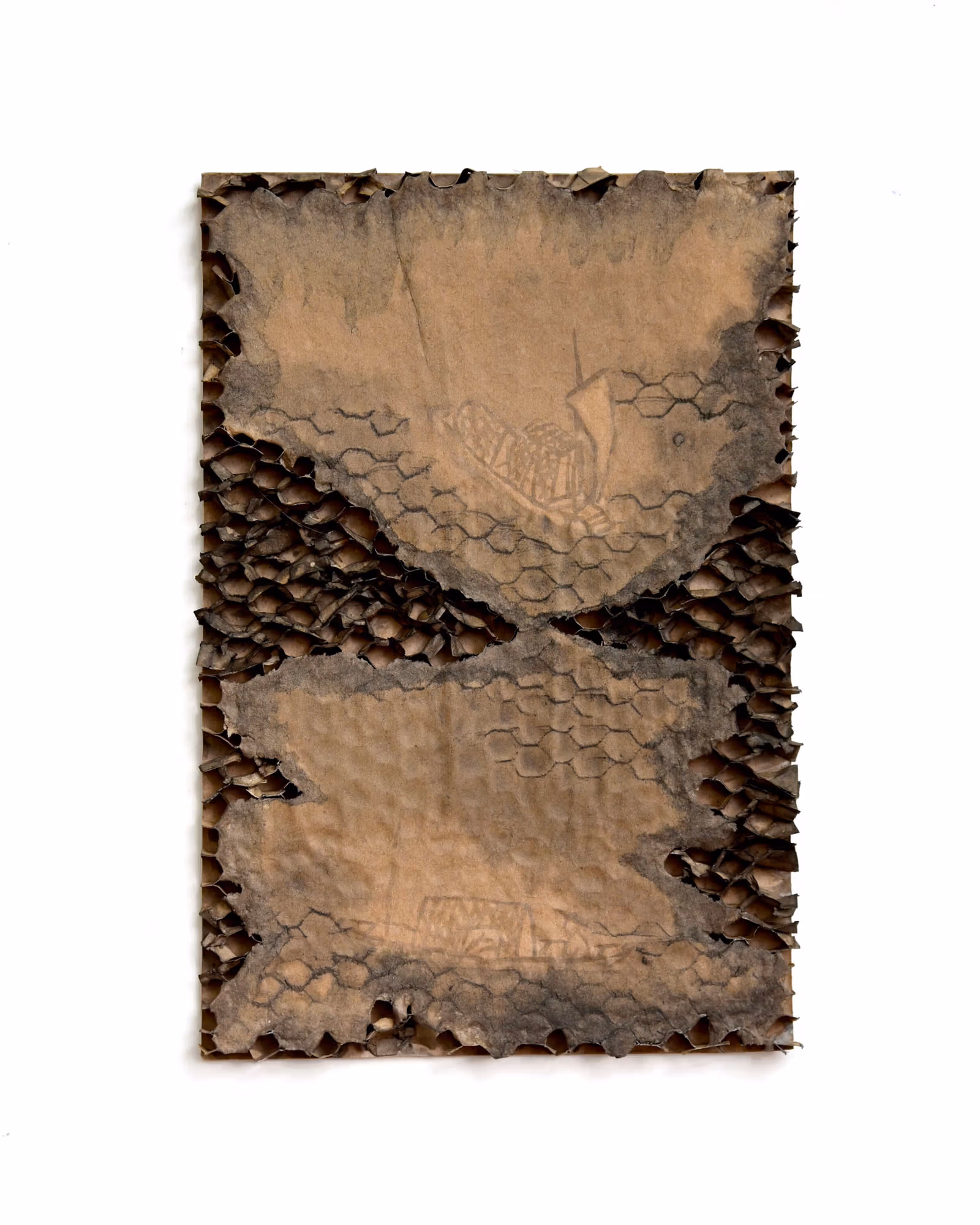 A brown cardboard artwork with openings revealing its inner layers, faint boat shapes and horizontal lines